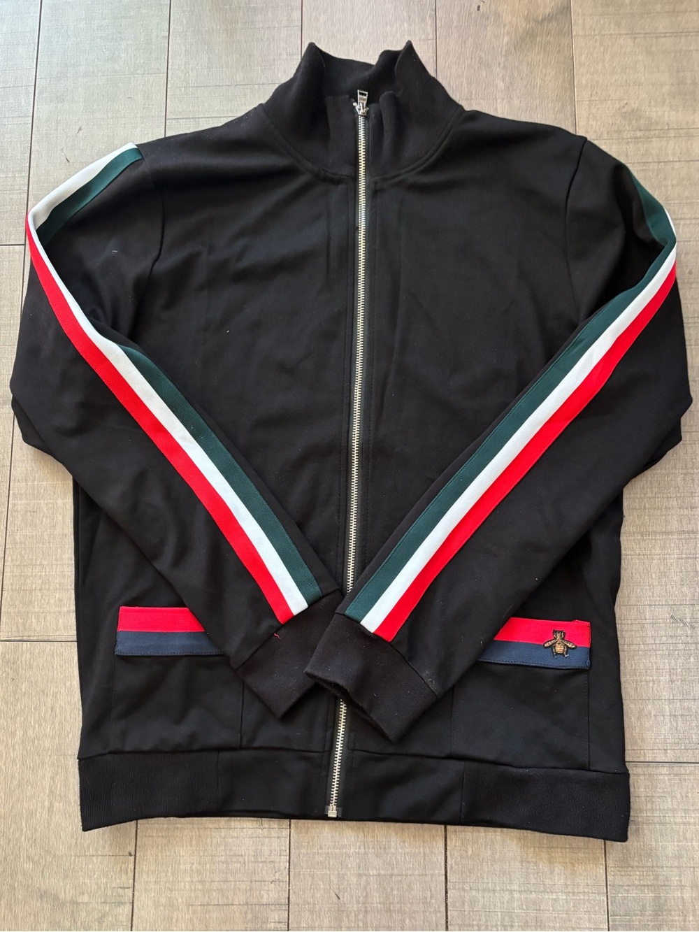 Authentic Gucci Black Technical Jersey Zip Jacket Signature Striped Sleeves